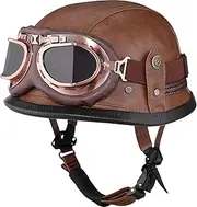 Yesmotor Motorcycle Half Helmet Retro German Handmade Leather Half Face Quick Release Buckle & Goggles - DOT Approved