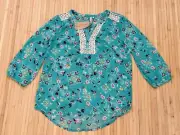 Red Camel / Green Sheer Puff Sleeve Crochet Peasant Blouse Top NWT / Size S
