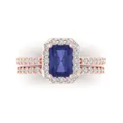 2.2ct Emerald Round Cut Halo Tanzanite Stone Promise Bridal set 14k Rose Gold