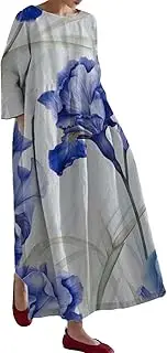 [Generic] Slit Maxi Dress for Women Boho Floral Print Oversized Crewneck Linen Casua Summer Dresses Dress for Women Plus Size Maxi Long Evening Dress Summer