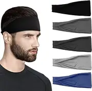 [JZS] Headband Mens Sports Sweatband Stretchy Moisture Wicking for Running, Cycling, Basketball, Yoga, Fitness Workout for Men and Women,5 Pack