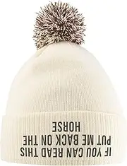 [SaveThePeople] If You Can Read This Put Me Back On The Horse Hat - Bobble Beanie Hat - Horse Riding Gifts for Girls - Winter Beanie Hat with Horse Slogan Embroidered On The Front, Off White Mocha, One size