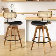 [ALFORDSON] 2X Samantha Black Vintage Kitchen Dining Chair, Bar Stools with 36cm Rattan Backrest and 71cm Leather Seat, Counter Barstools with Footrest for Home Bar Dining Room