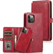 [Cavor] for iPhone 12 Wallet Case,for iPhone 12 Pro Wallet Case,2 in 1 Magnetic Detachable Case Leather Flip Cover with Stand Feature & Card Slots & Wristlet Strap (6.1")-Red