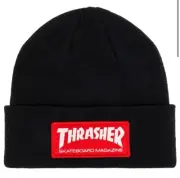 BLACK BEANIE HAT THRASHER SKATE MAG PATCH ONE SIZE BLACK WITH RED PATCH