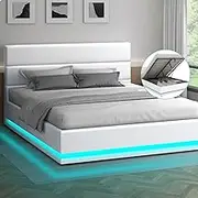 ALFORDSON Gas Lift Storage Bed Frame Base with Headboard & LED Light Bertold Series, Mattress Topper Platform Foundation with PU Leather Upholstery, 320kg Capacity, Queen, White Colour