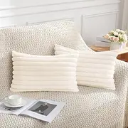 Pallene Faux Fur Plush Lumbar Throw Pillow Covers 12x20 Set of 2, Luxury Soft Fluffy Striped Decorative Spring Pillow Covers for Sofa, Couch, Living Room, Cream White