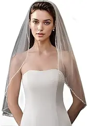 [GAODESI] Wedding Veil Pearls and Crystals Beaded Edge 1 Tier Fingertip Length Bridal Veil
