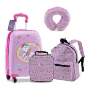 Babyjoy 5PCS Kids Luggage Set Rolling Suitcase & Backpack & Neck Pillow & Insulated Lunch Bag w/Tag Aluminium Handle Unicorn