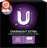 Extra Overnight Pads Long with Wings 32 Pack (4 X 8 Pack) - Packaging May Vary