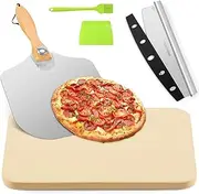 Pizza Stone 5 PCS Set, 15 x 12" Large Rectangle Pizza Stone Set for Oven & Outdoor Grill with Metal Pizza Peels & Cutter Rocker, 0.6'' Thickened Stone Pizza Pan, Grill Baking Stone for Pizza, Bread