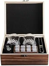 Lead Free Whiskey Glasses Set of 2, Crystal Bourboun Glasses with Whiskey Stone Includes State Coaster, Tong, Velvet Bag and Wooden Gift Box