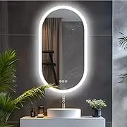 LUVODI Oval LED Bathroom Mirror: 500x800mm Wall Lighted Vanity Mirrors with Anti-Fog 3 Colors Dimmable Lighting Smart Switch Memory Function Plug-in Makeup Mirror Vertical or Horizontal