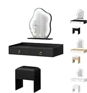 ALFORDSON Wall-Mounted Dressing Table Set with Adjustable LED Mirror, Drawers and Storage Stool, Floating Makeup Dessk 77cm, Black