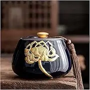 Decorative Ceramic Tea Storage Containers with Golden Lotus Pattern and Tassel Decoration, Vintage Chinese Style Tea Jar Tea Leaves Sealing Can Storage Can for Chocolate, Sugar, Spices Container(Black