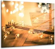 JIYERNV Tempered Glass Wall Art Prints Cigar box guitar instrumental sheet music soft lights for Christmas Modern Wall Painting Artwork Free Floating Glass for Living Room Bedroom Office 20x16inch