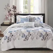 NEW! ~ COZY CHIC SHABBY LIGHT BLUE GREY WHITE SPA LEAF SOFT QUILT SET & PILLOWS