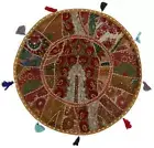22" Embroidered Round Floor Pillow/Cushion Cover/Beanbag With Patchwork Khaki