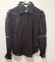Women's Black Long Sleeve Button Front Eyelet Top By Ultra Pink Size Large