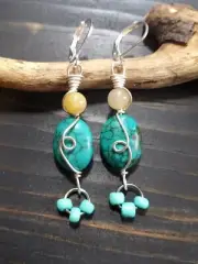 UNIQUE TURQUOISE OVAL BEADS/JASPER/TURQUOISE SEED/SILVER WIRE WRAP EARRINGS