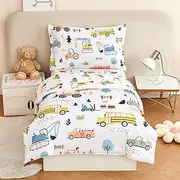 URBONUR 4-Piece Toddler Bedding Set for Boys Construction Car Printed Vehicles Toddler Comforter Set with Sheets Lightweight and Soft Perfect for Kids 2-6 Year Old Toddler Bed in a Bag
