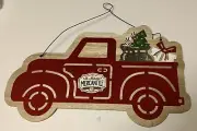Christmas Pickup Truck St Nicolas Mercantile Red Metal On Board 12” Farmhouse