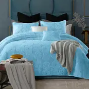 Cotton Rich Lightly Quilted Coverlet Set Floriade Aqua (Queen, King)