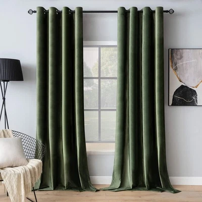MIULEE Velvet Curtains Olive Green Elegant Grommet Curtain Thermal Insulated ...