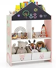 HONEY JOY Playhouse Kids Bookshelf, Wooden Toy Storage Organiser w/Writable Chalkboard & Whiteboard, 4 Top Compartments & 2 Fabric Drawers, Dollhouse Bookcase for 3-6 Years Old Boys & Girls, Pink