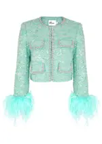 Self-portrait Feather-trimmed Embellished Tweed Jacket - Green - 10 (UK10 / S) 10 (UK10 / S)