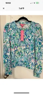 Lilly Pulitzer Jansen Sweatshirt Blue Ibiza Cabana Cocktail Print Size small