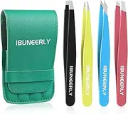 iBuneerly Tweezers Set, 4 Pcs Multi-Color Professional Stainless Steel Eyebrow Tweezers with Travel Case