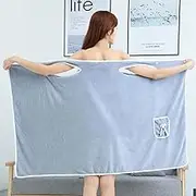 Wearable Bath Towel Dress for Women – Soft Coral Fleece Shower Wrap with Adjustable Straps, Pockets and Headband, Quick-Dry Spa Robe for Bath, Gym, Travel, and Lounging (B-Light Blue)