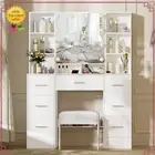White 7 Drawers Dressing Table Stool Set with 10 LED Bulbs Lighted Makeup Mirror