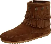 MINNETONKA Double Fringe Side Zip Boots Dusty Brown New