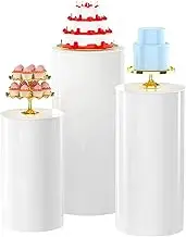 3PCS Wedding Round Plinth Cylinder Pedestal Flower Cake Display Stand with Balloon Set 2M White Organza 1 LED Light Strip White(The highest column is 60cm)
