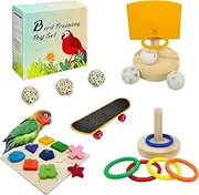 Bird Toys For Parakeets,5pcs Parrot Toys Set （Include Bird Basketball Toy、Bird Skateboard、Bird Stacking Toy、Parrot Wooden Block Puzzles Toy、Small Sepak Takraw）,Parakeet Toys、For Bird Training Toys12