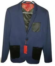 Elie Balleh Blue Blazer Jacket Faux Leather Patches Elbow Pockets XL 18-20 Youth