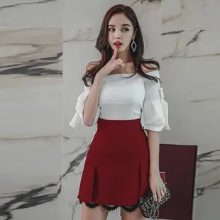 白色平口一字領短版修身上衣+紅色高腰魚尾裙兩件式套裝正韓女生衣著兩件式性感洋裝 撞色迷你連身裙