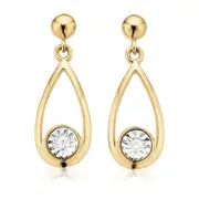 9ct Yellow Gold Round Brilliant Cut & Diamond Set Drop Earrings