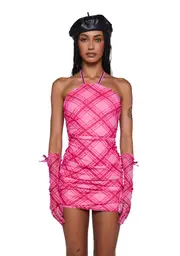 [ZEMETA] Pink Plaid Dress And Gloves Set