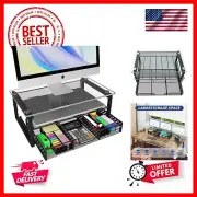 2-Tier Monitor Stand Riser, Glass Metal Computer Desk Organizer with Drawer f...