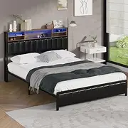 Oikiture Queen Size Bed Frame with 5 LED Open Display Shelves Metal Queen Bed with Bed Head Black