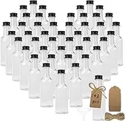 Plastic Liquor Bottles (Pack of 48) - 1.7oz, Small Schnapps Bottles with Black Lids, Kraft Paper Labels, Mini Bottles with Funnel, Mini Bottle for Filling for Weddings, Parties