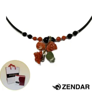 【ZENDAR】頂級天然MOMO珊瑚玫瑰花黑瑪瑙碧玉黑膠項鍊(16379)