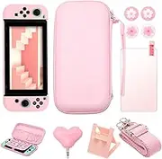 Switch Pink Accessories Set: Carrying Case, Protective Case, Cute Thumb Grips, Headphone Adapter, Desktop Stand, Screen Protector, Wrist and Shoulder Straps