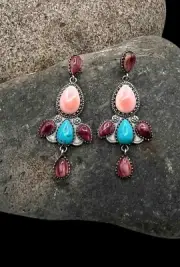 Navajo Sterling Turquoise Conch Shell Spiny Oyster Multi Stone Dangle Earrings