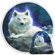 Cool Fantasy White Wolf Round Beach Towel
