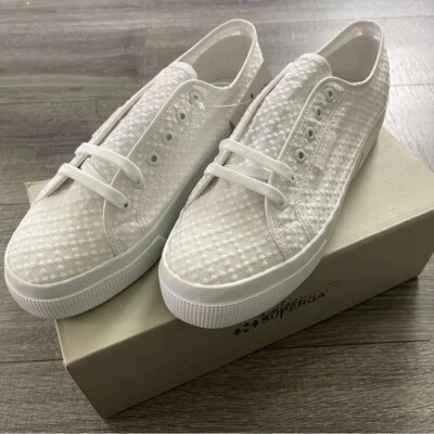 NIB Superga White Platform Macrame Rhombus Lace Sneakers Shoes Size 10.5