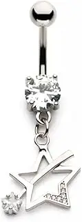 [Pierced Owl] 14GA 316L Stainless Steel CZ Crystal Shooting Star Dangling Belly Button Ring, Metal, cubic zirconia